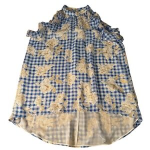 Cato‎ Floral Gingham Ruffle High Low Top Blue White Size L